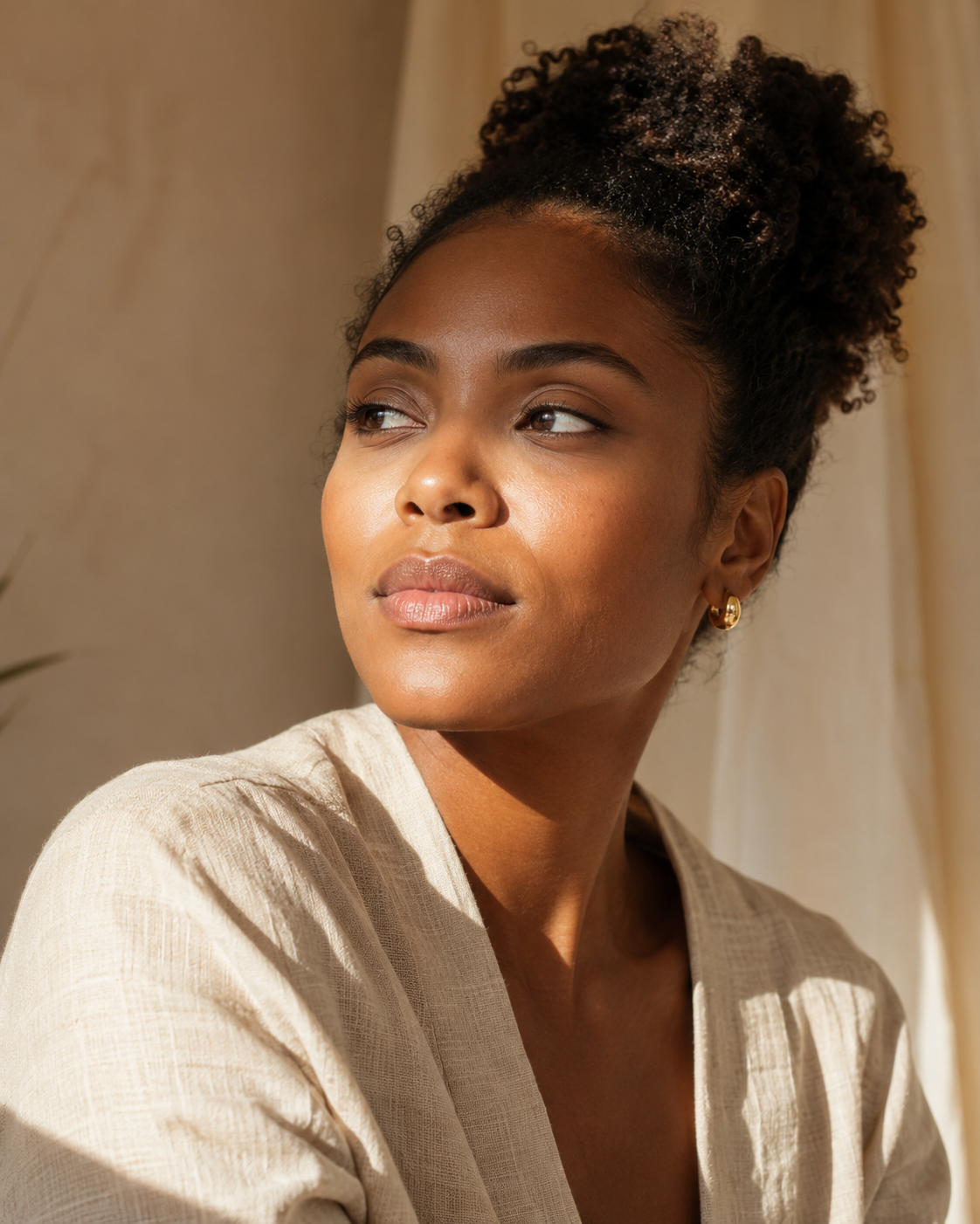 Editorial close-up portrait of a Black woman with deep warm skin, softly full lips and a lifted midface, eyes averted in soft natural daylight