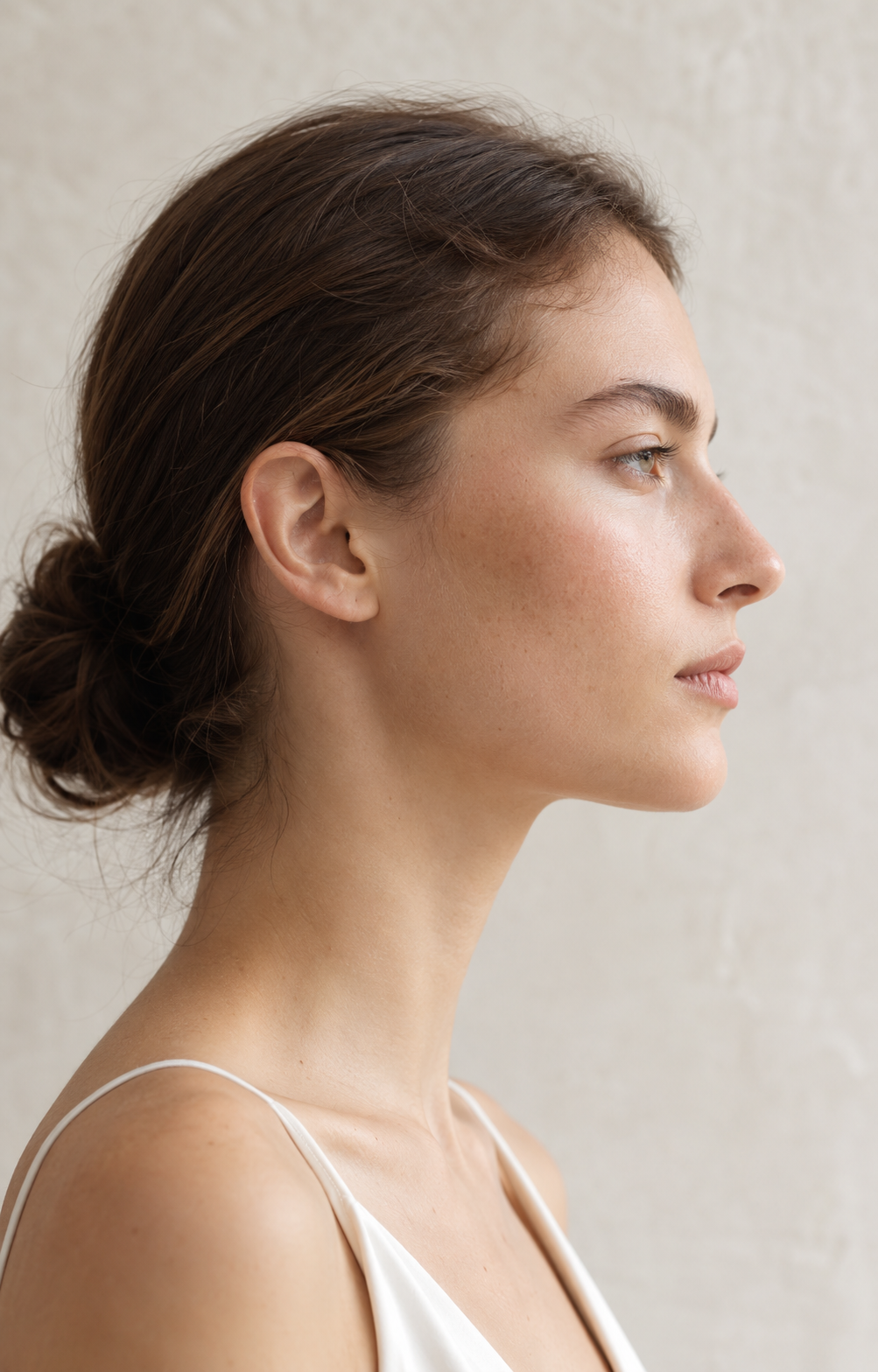 Editorial close-up portrait of a fair-skinned woman with light freckles, eyes averted in soft natural daylight, focus on the orbital area