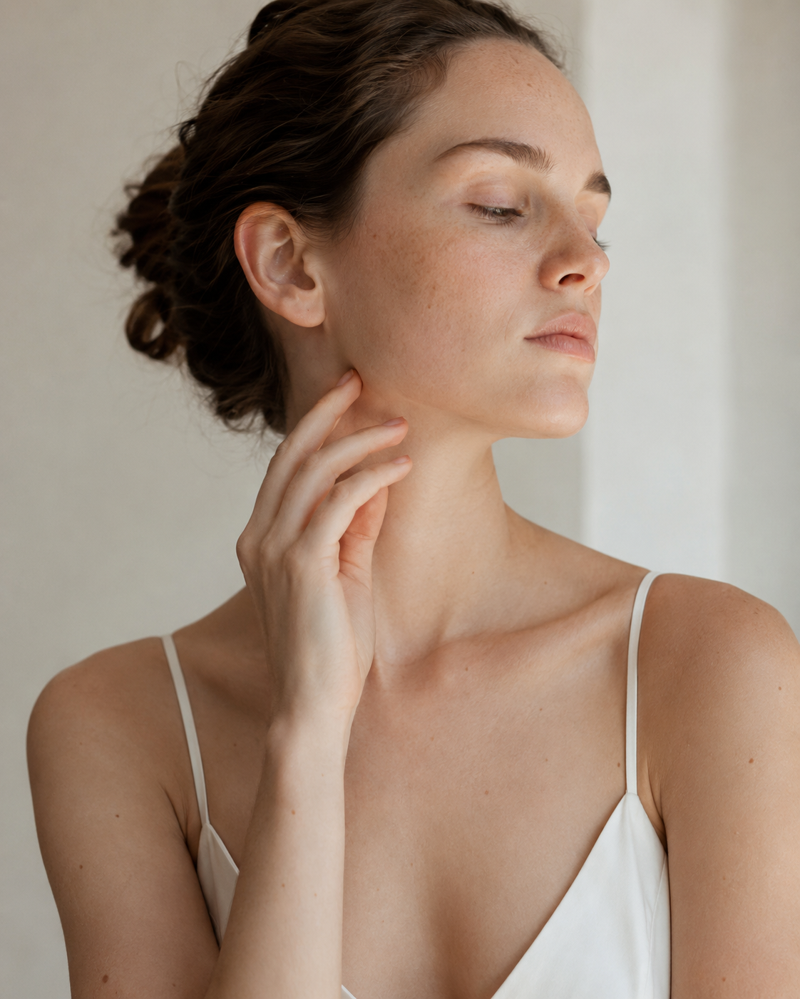 Editorial portrait of a fair-skinned woman with light freckles and soft natural makeup, jawline and lower face in warm directional daylight