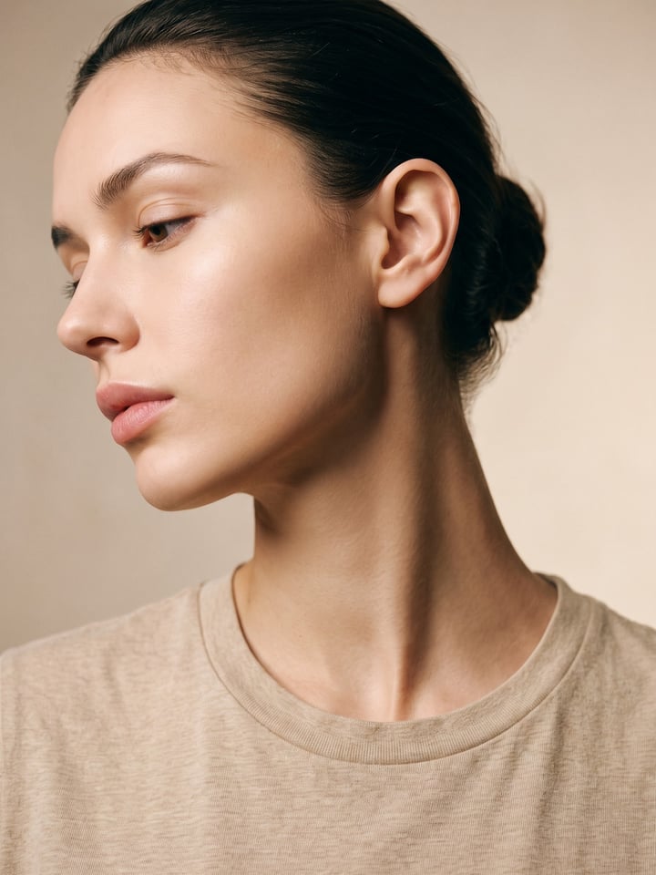 Woman in near-profile in soft directional window light, her ear and jawline reading cleanly against a shaded neck.