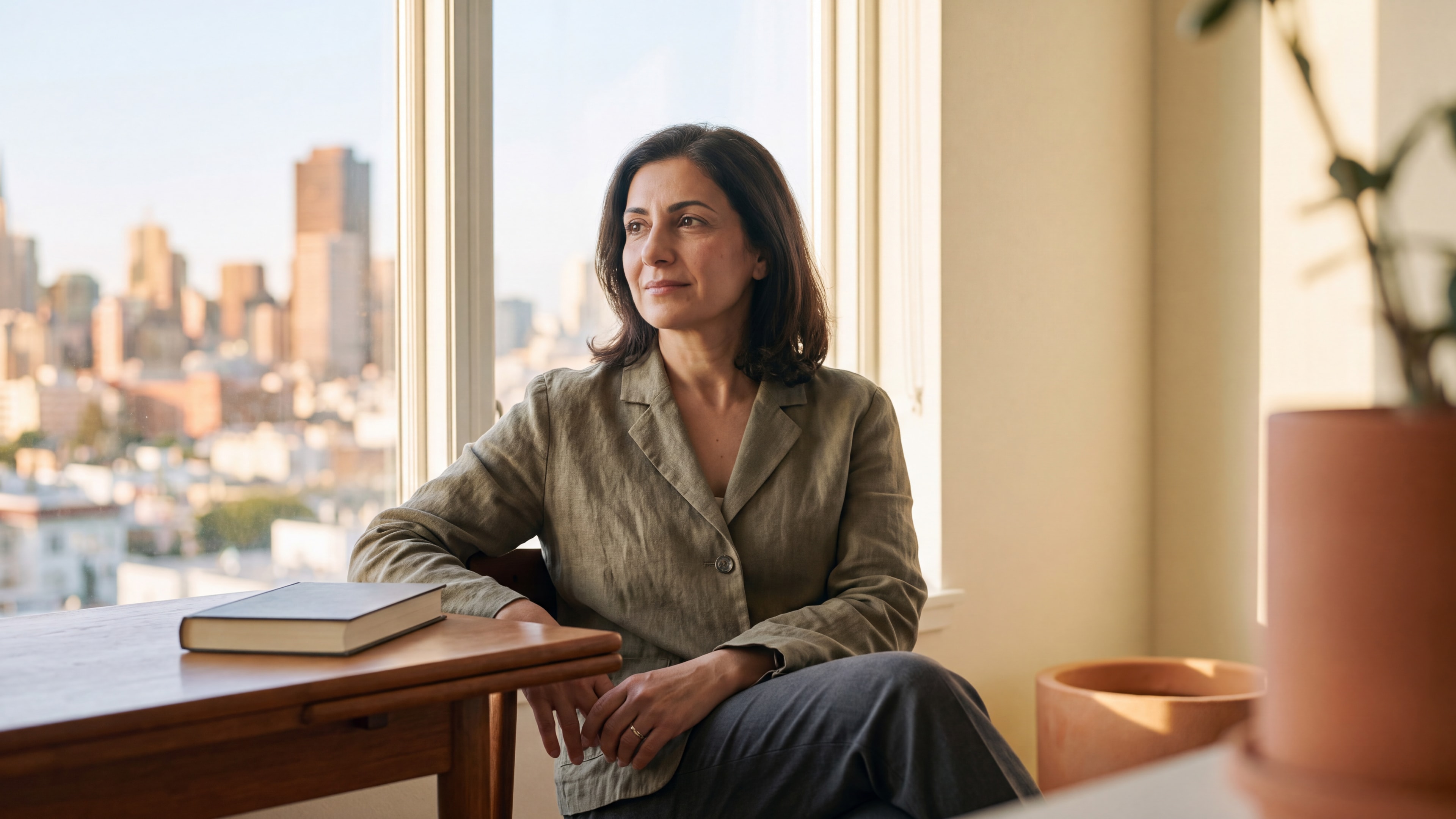 A woman in a light linen jacket seated by a tall window in warm morning light, the San Francisco skyline softened behind her