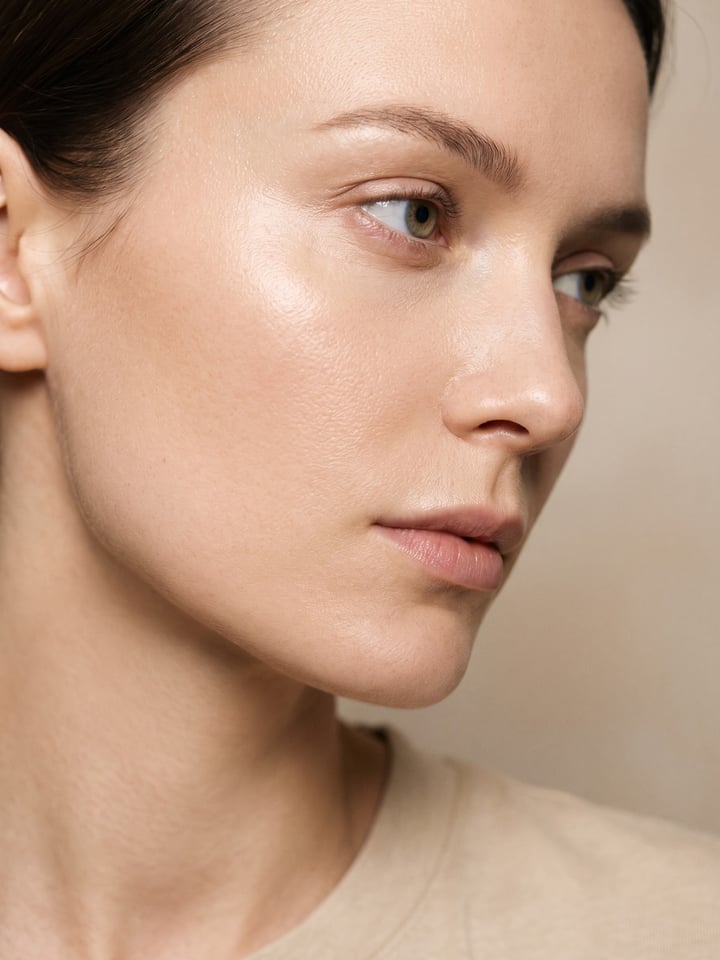 Close editorial crop of a cheek and temple in even soft window light, skin texture reading clearly against a warm bone wall.