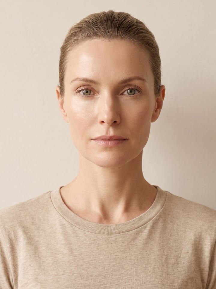 Woman looking directly at the camera in soft front window light, her eyes and brow open and evenly lit against a warm bone wall.