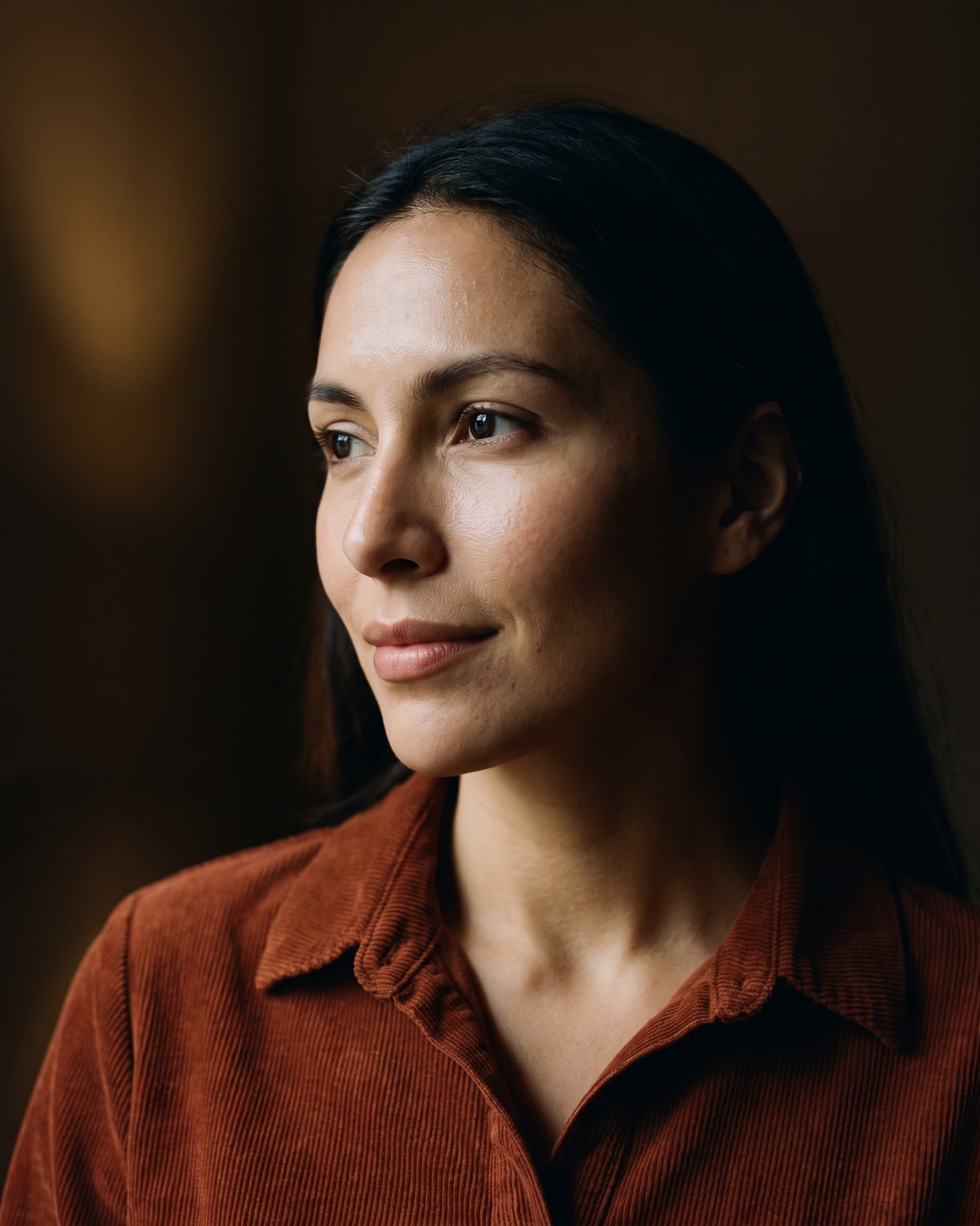 Woman in three-quarter view looking off camera with a composed, quietly amused expression, one side of her face falling into deep clean shadow.