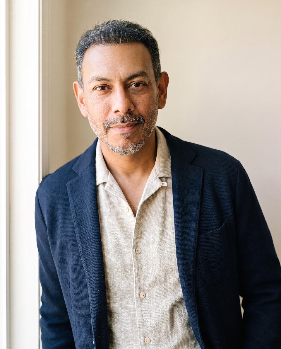 Dr. Vishal Banthia in a navy blazer, photographed in soft window light