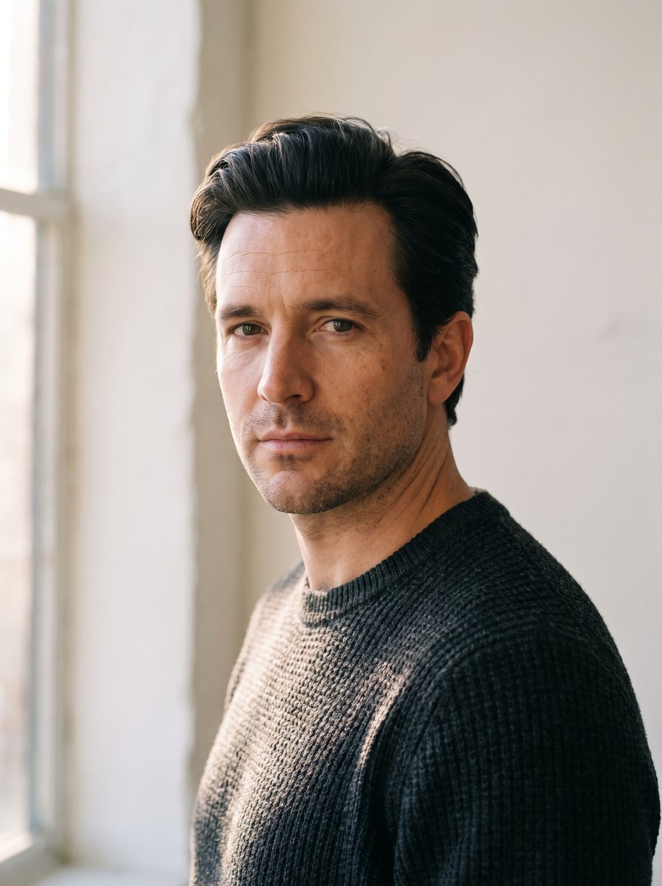 Editorial portrait of a man in his late thirties with dark hair swept back off a natural hairline, in a charcoal knit by a bright window