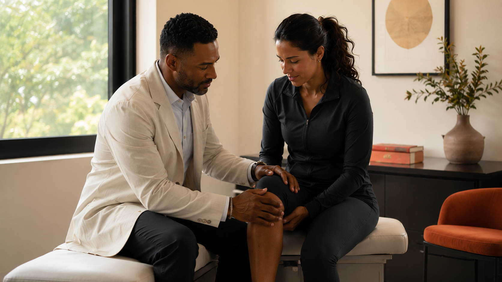 Orthopedic surgeon evaluating a patient's knee in a bright, daylit exam room with cream and terracotta tones, editorial magazine photography