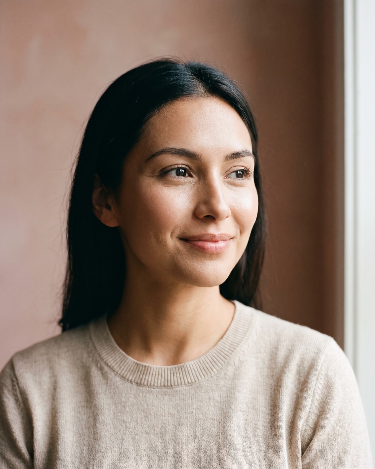 Young woman in three-quarter view with a warm slight smile, looking off camera into soft window light, the line of her nose reading cleanly.