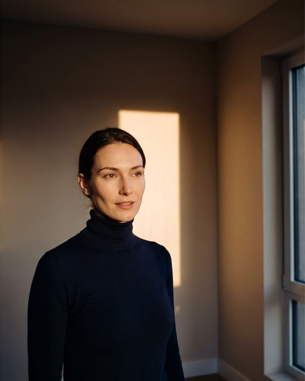 Woman in three-quarter view looking off-camera with a composed, unsmiling expression, a hard shaft of afternoon sun falling across the wall behind her