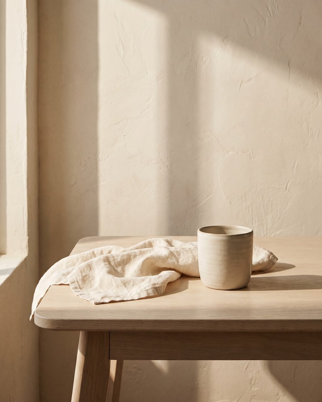 Folded linen and a ceramic vessel on pale wood in warm afternoon light