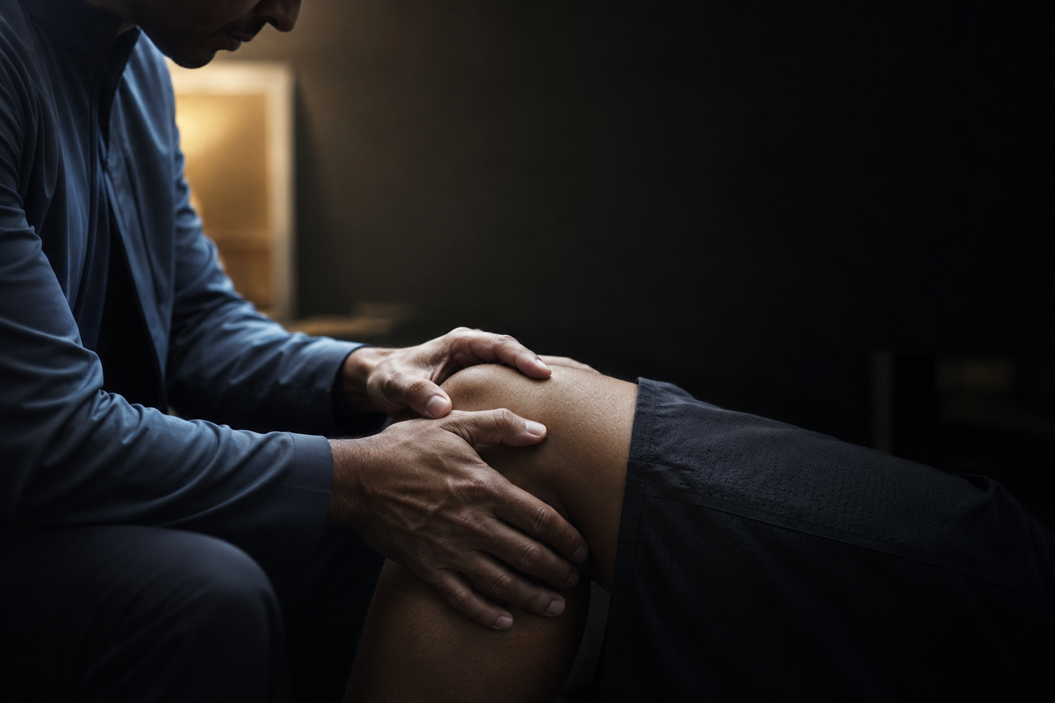 Orthopedic surgeon's hands evaluating a patient's knee in a low-light exam room, cinematic editorial photography