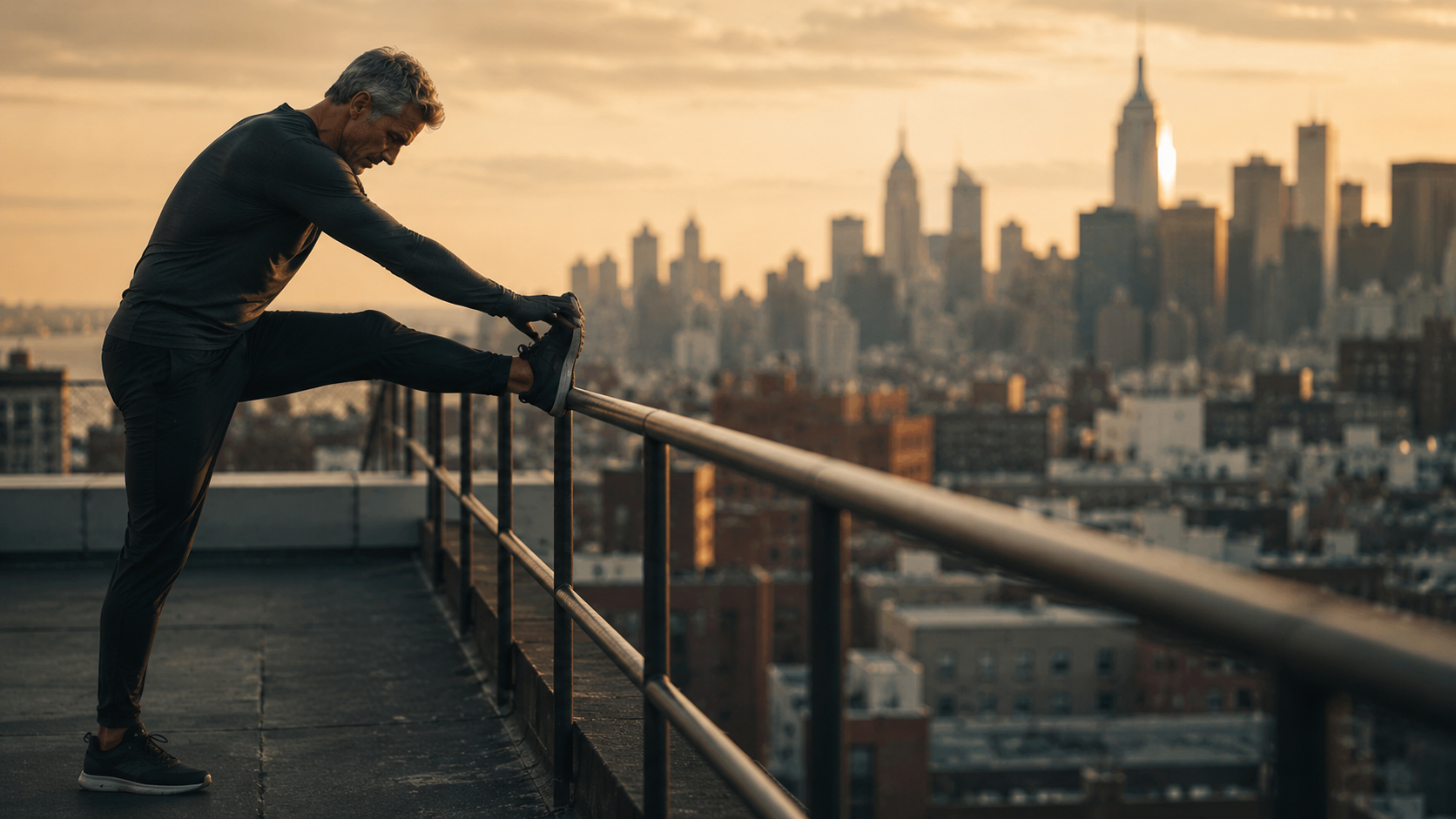 Athletic patient stretching at golden hour, cinematic editorial photography