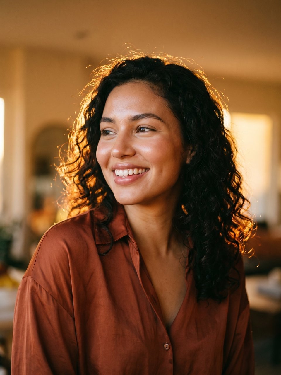 Hispanic woman in three-quarter view smiling warmly, low golden sunlight rimming her hair while soft light falls across her face