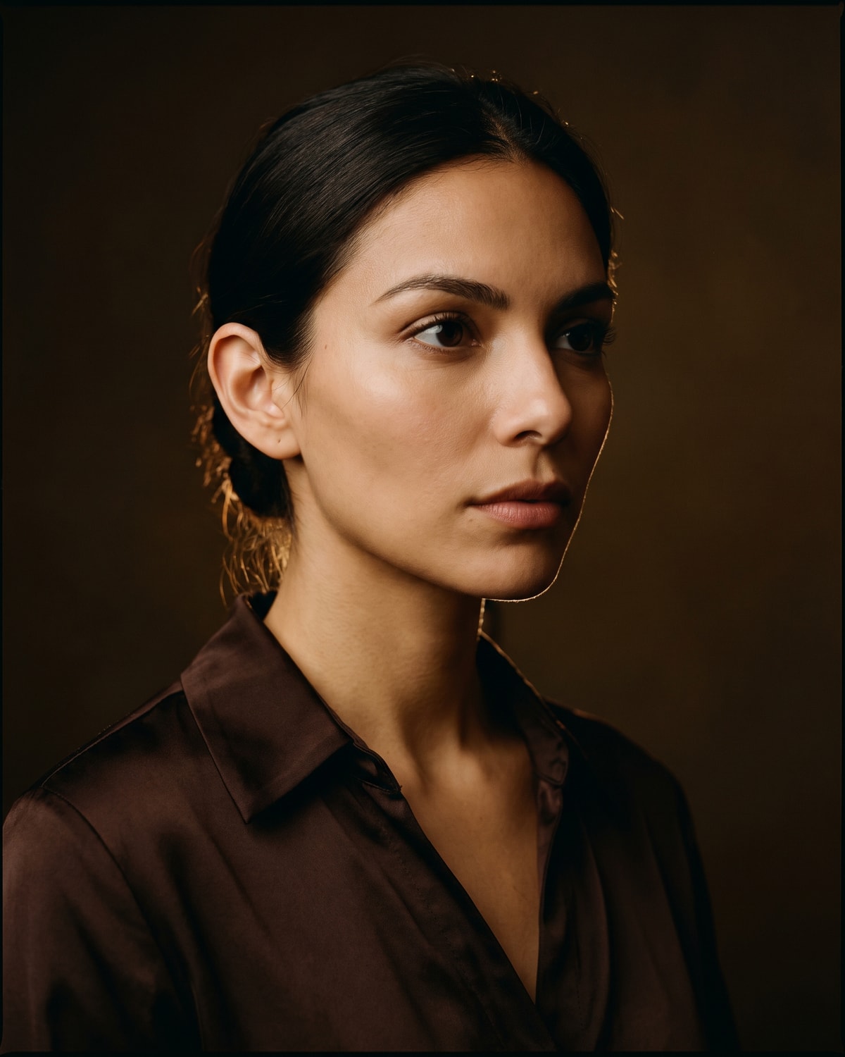 Close crop of an ear seen from behind with the hair drawn back, a soft warm rim of light tracing the helix against deep shade.