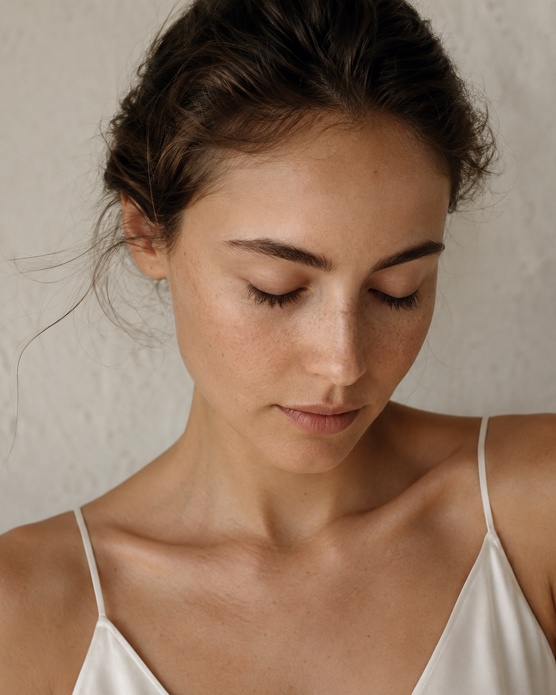 Editorial profile portrait of a Mediterranean-European woman with refined nasal contour against soft neutral backdrop, golden afternoon light