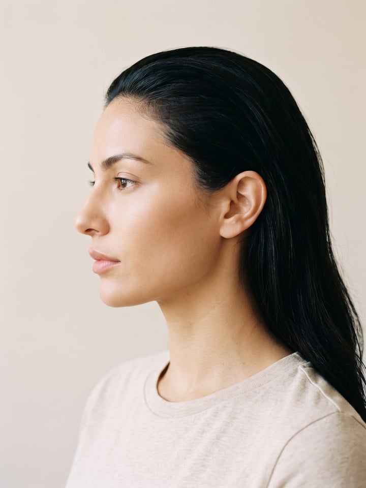 Woman in strict profile centred in the frame under soft window light, the line of the nose reading cleanly against a warm bone wall.