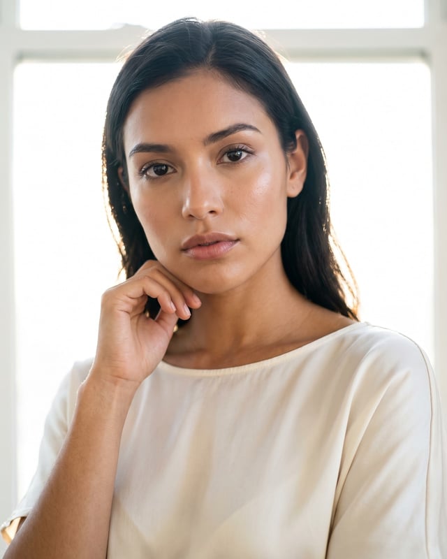 Woman with dark hair drawn back looking directly at the camera, one hand near her jaw, backlit against a bright window