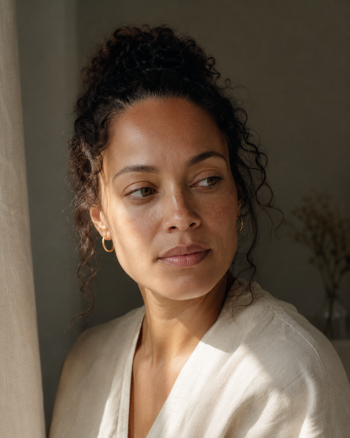 Editorial close-up portrait of a multiracial woman with warm light-brown skin and a smooth, relaxed forehead, eyes averted in soft directional daylight