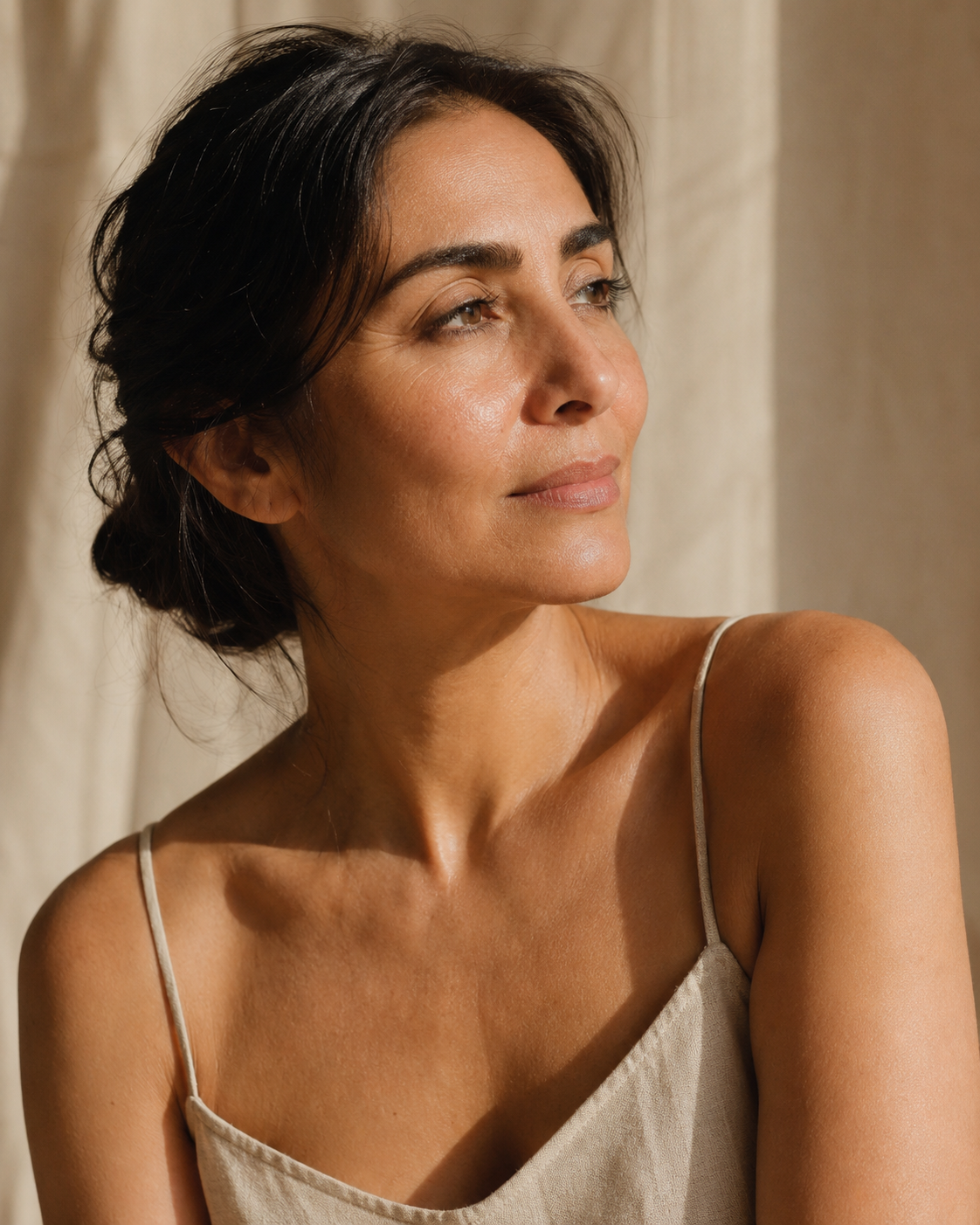 Editorial portrait of a Middle Eastern woman with warm olive skin and a natural glow across the cheek and décolletage in warm directional daylight