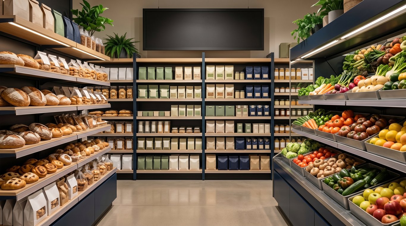 Editorial photograph of a shopper in a brightly lit supermarket aisle examining a packaged product, with category shelving and a 'New & Emerging Brands' merchandising area in view.
