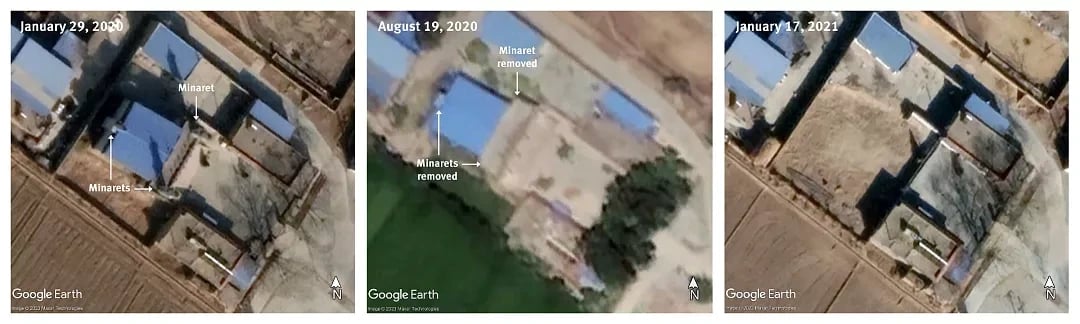 Doğu Liaoqiao Camii: Caminin üç minaresi vardı (solda); bunlar Ocak ve Ağustos 2020 arasında kaldırıldı (ortada); caminin ana salonu Ocak 2021 itibariyle yıkıldı (sağda)