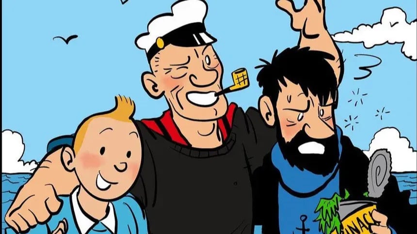 TenTen (solda), Temel reis (ortada) ve Kaptan Haddock (sağda). İllüstrasyon: Adam Murphy