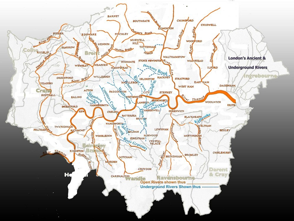 Londra'nın kayıp nehirlerinin haritası.