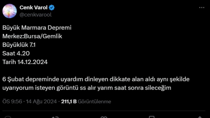 Cenk Varol Büyük İstanbul Depremi paylaşımı