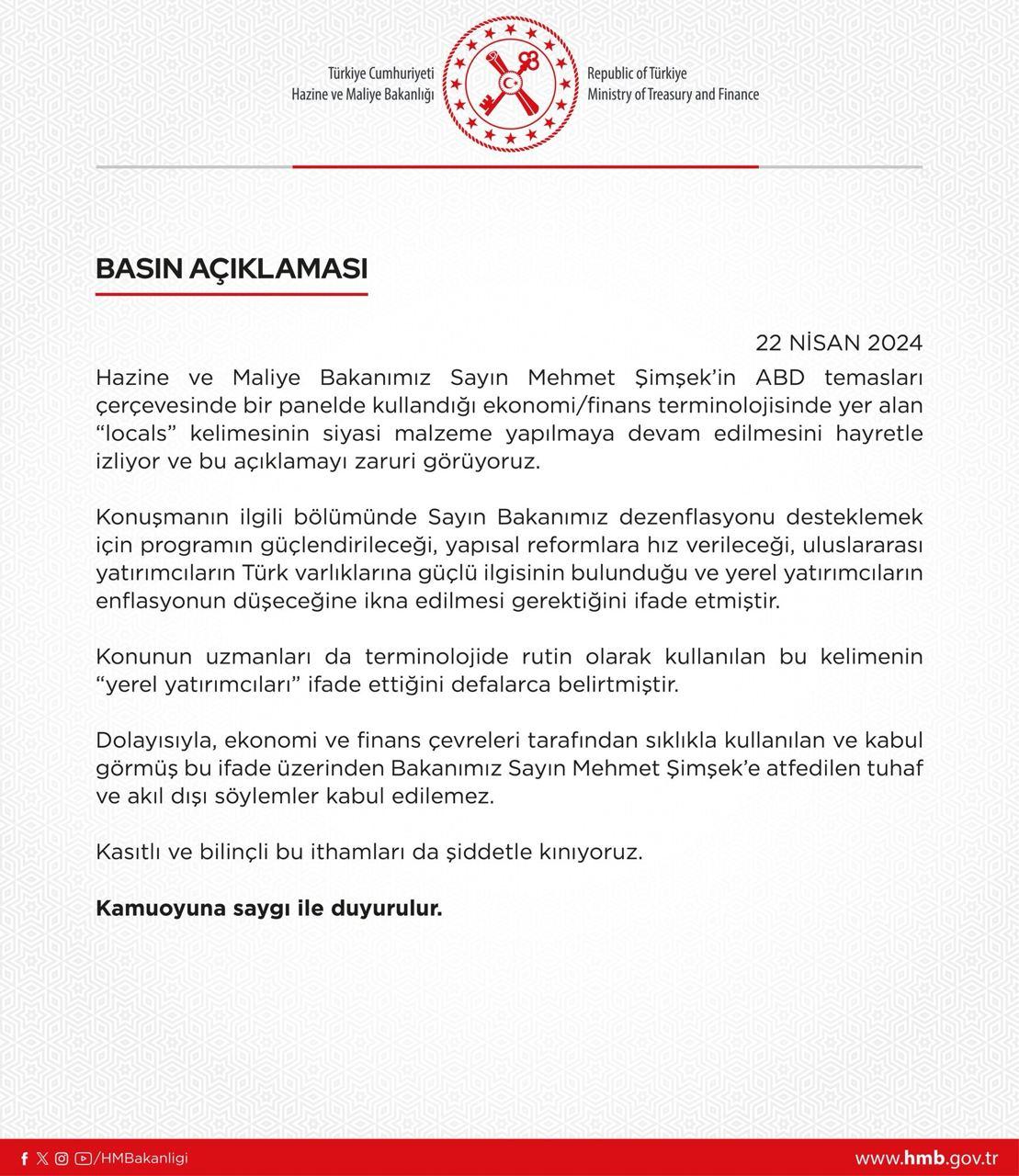 Bakan Şimşek'in ABD'deki sözlerine Hazine'den tepki geldi