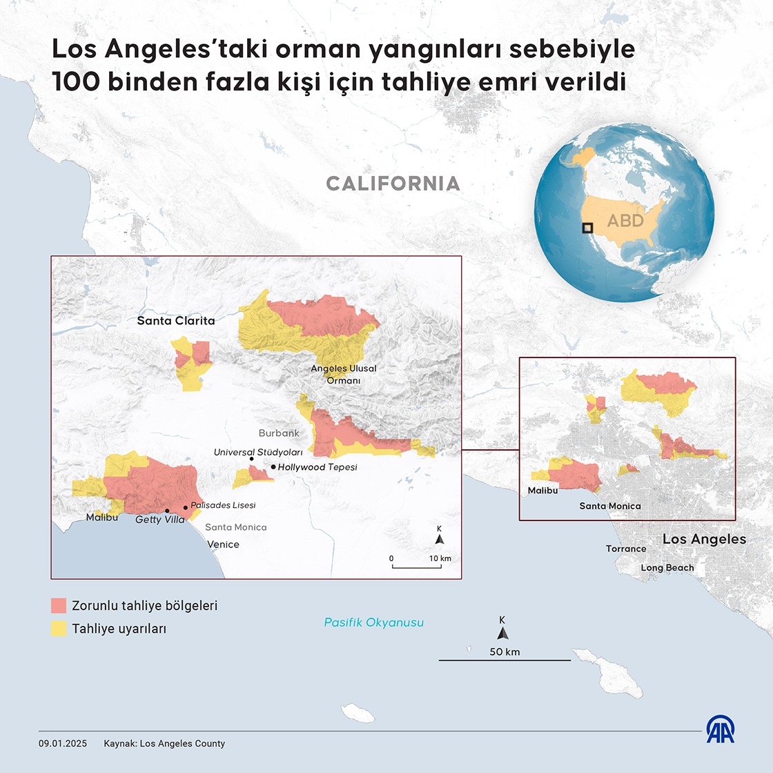 Los Angeles’taki orman yangınları sebebiyle 100 binden fazla kişi için tahliye emri verildi. Grafik: AA / Elif Acar