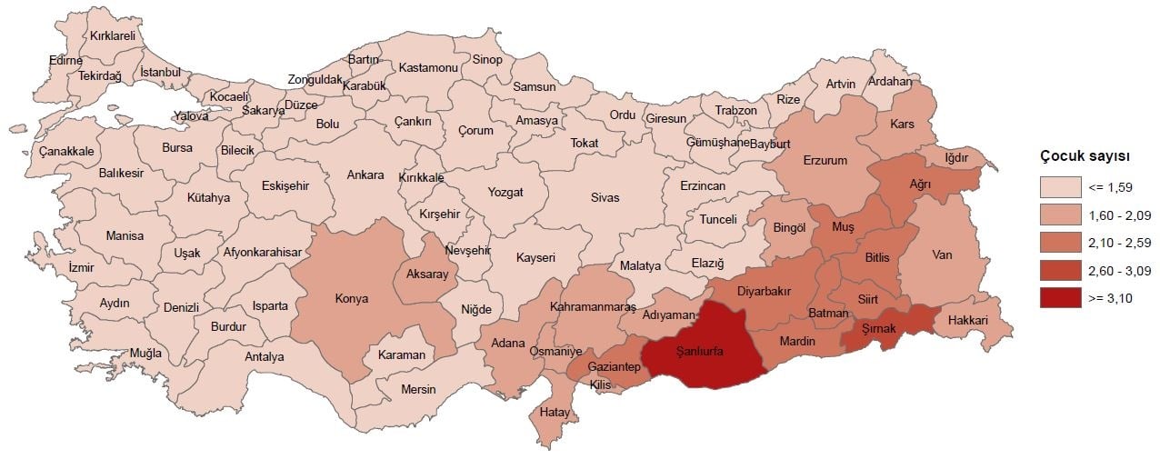 İllere göre toplam doğurganlık hızı, 2023