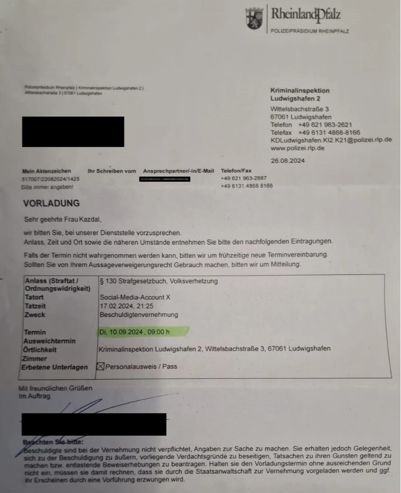 Almanya'da Türk vatandaşı Elmas Kazdal, Filistin'e destek paylaşımı gerekçe gösterilerek ifade vermeye çağrıldı.