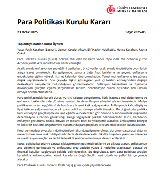 Para Politikası Kurulu Toplantı kararı (23 Ocak). Kaynak TCMB