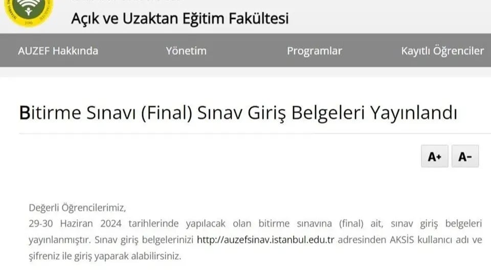 AUZEF final sınav giriş belgesi 