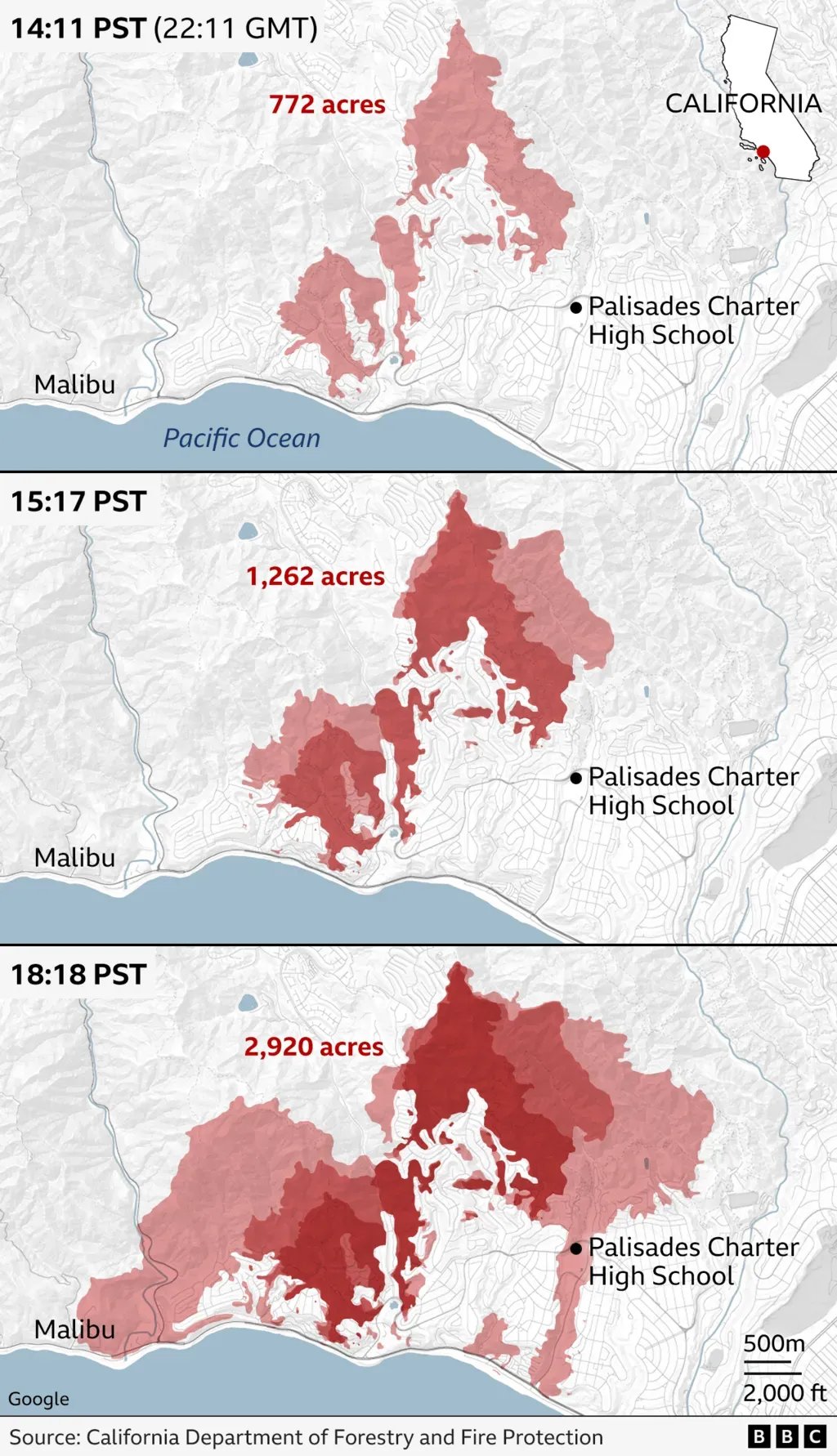 Palisades yangını haritası. Grafik: BBC