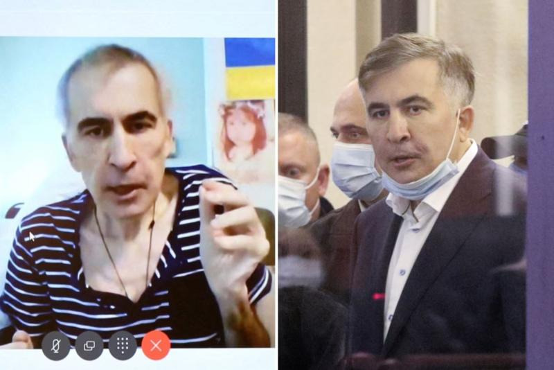 Saakaşvili'nin dünkü duruşmadaki görüntüsü (solda) ve 2021'deki ilk duruşmasında çekilen görüntü (sağda) 