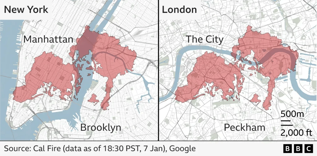 Palisades yangınının New York ve Londra ile karşılaştırılması. Grafik: BBC