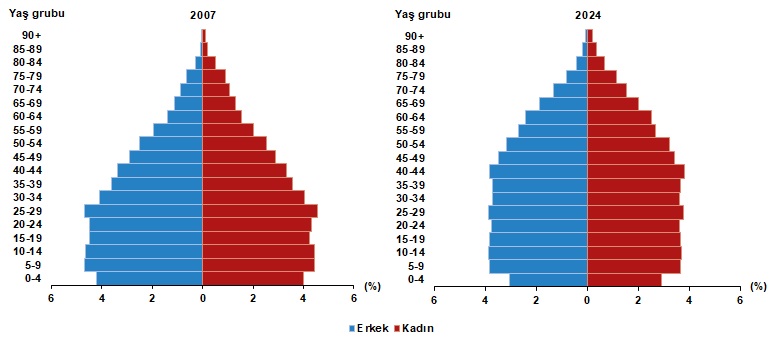 Nüfus piramidi, 2007, 2024 - TÜİK