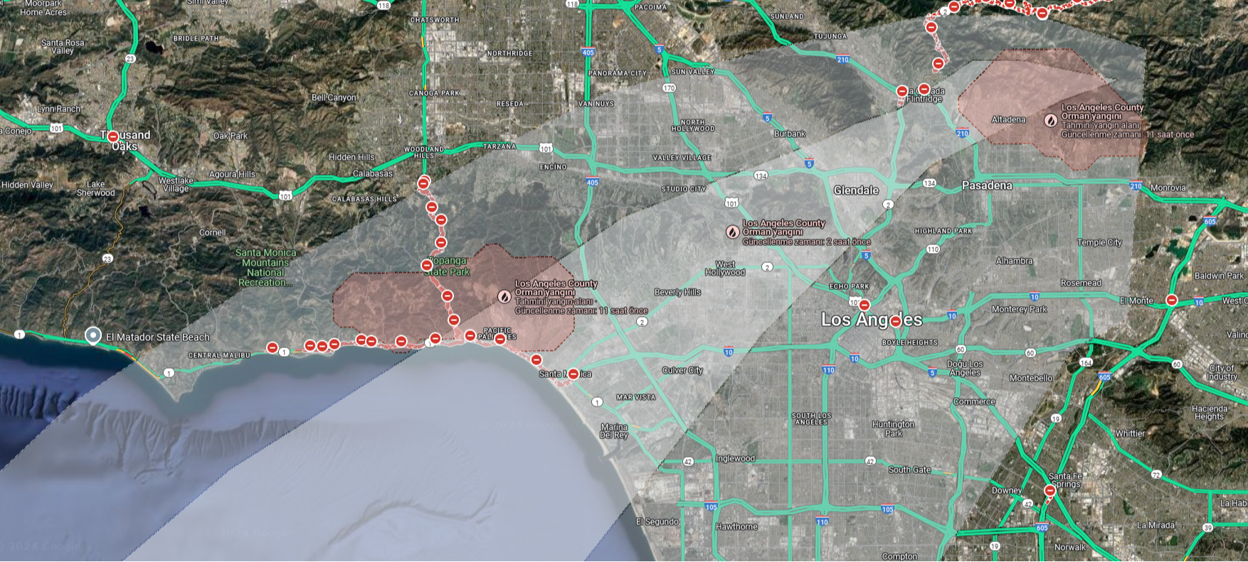 Los Angeles yangın haritası. Fotoğraf: Google Maps