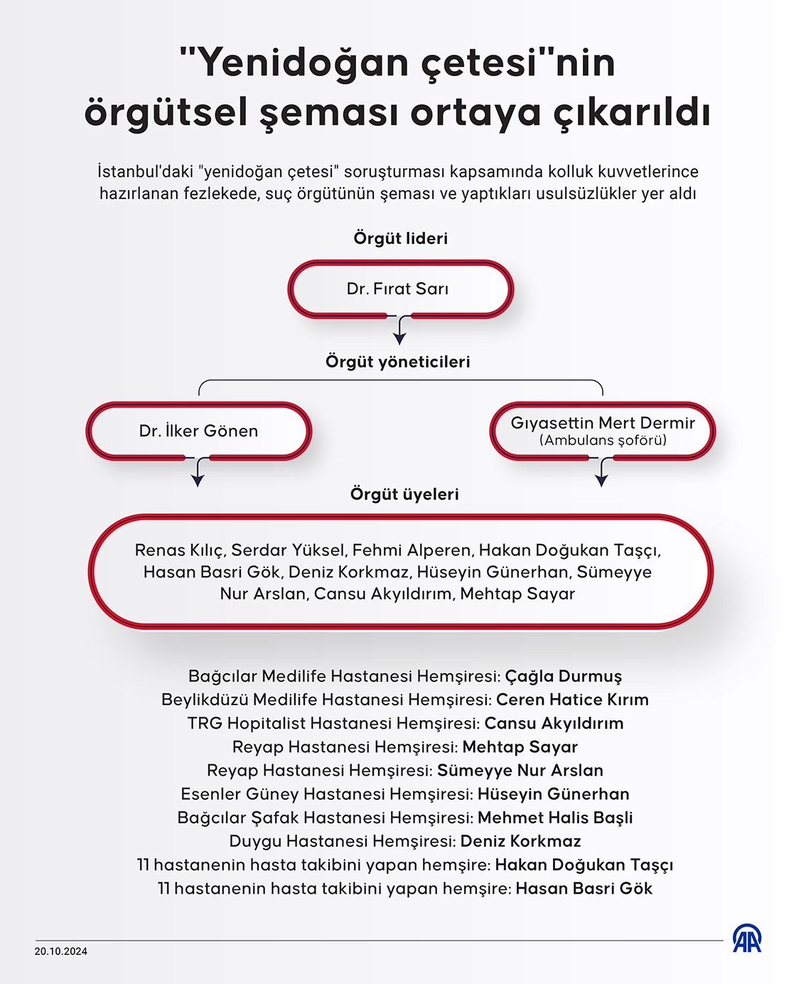 "Yenidoğan çetesi"nin örgütsel şeması ortaya çıkarıldı. Grafik: AA&nbsp;