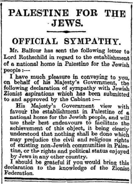 9 Kasım 1917 Yılında Times'da yayınlanan Balfour bildirgesi