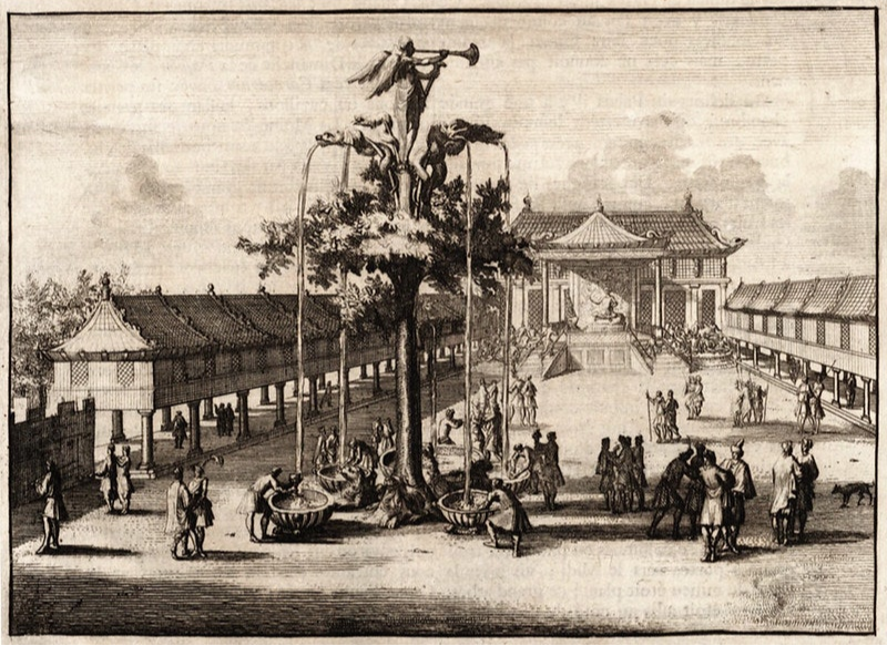 Möngke Han'ın çeşmesi, Pierre de Bergeron'un "Voyages faitsprincipement en Asie" (1735) adlı eserinde tasvir edilmiştir.