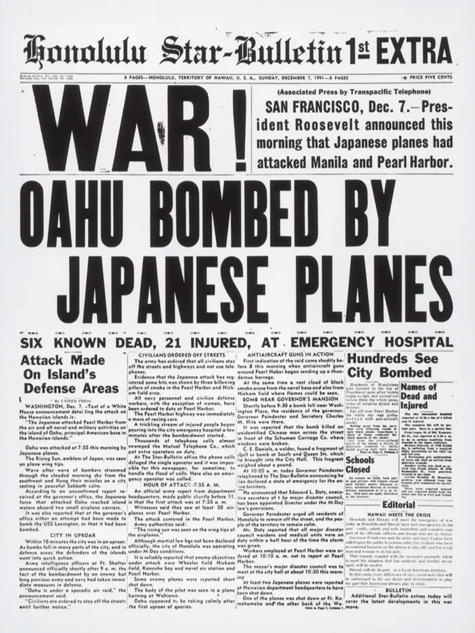 Pearl Harbor saldırısından kısa bir süre sonra yayınlanan bu gazete eki, sivil kayıplardan bahsediyordu.