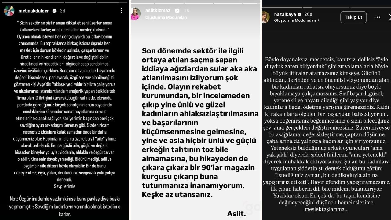 Metin Akdülger, Hazal Kaya ve Aslı Kızmaz'ın sosyal medya açıklamaları.