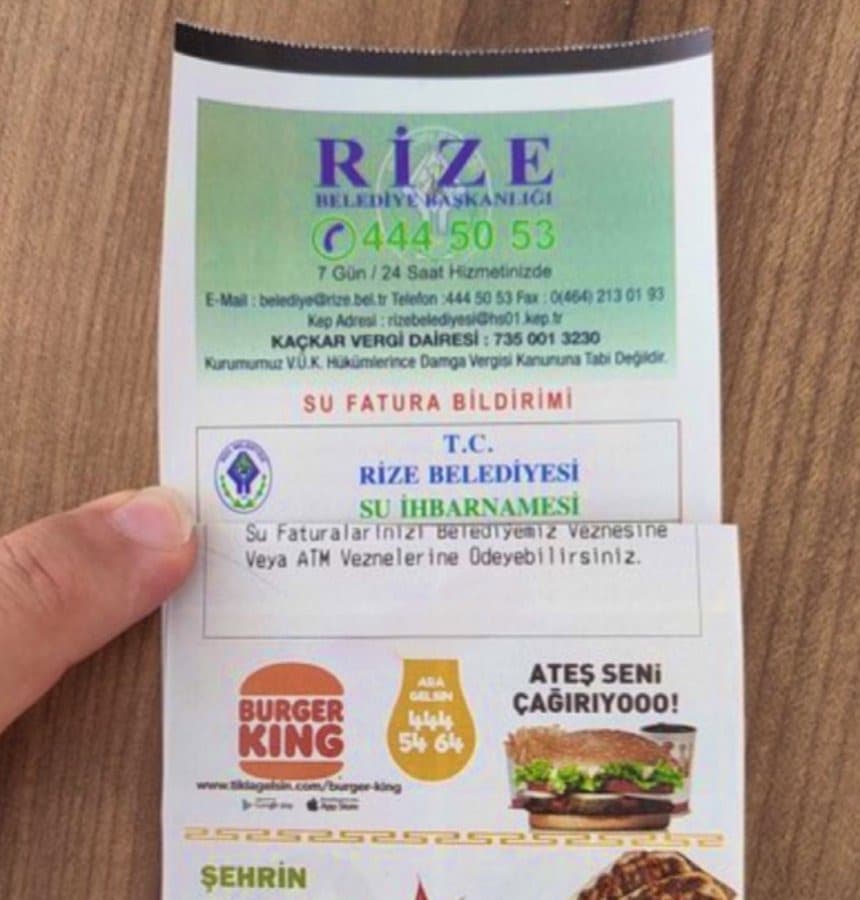 Su faturalarında Burger King reklamı yapan Rize Belediyesi'nden açıklama geldi: İş birliğimizi sonlandırdık
