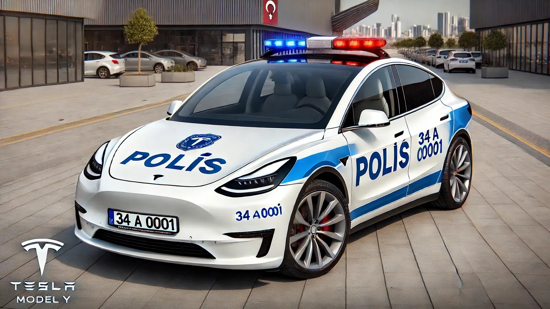 Yapay zeka tarafından oluşturulmuş Tesla model bir polis aracı. Fotoğraf: DALL-e