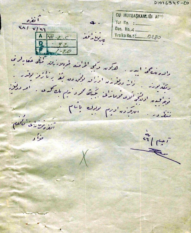 Ankara Kumandanı Fuad Bey’in Zübeyde Hanım hakkında 26 Temmuz 1922’de Mustafa Kemal Paşa’ya telgrafı (Cumhurbaşkanlığı Arşivi, 01016945-20).