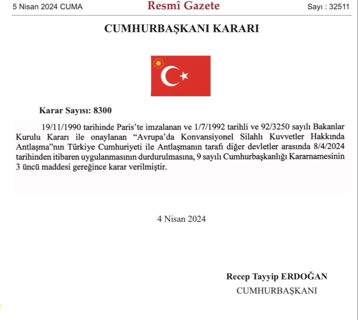 Türkiye, Avrupa'da Konvansiyonel Silahlı Kuvvetler Antlaşması’ndan (AKKA) çekildi