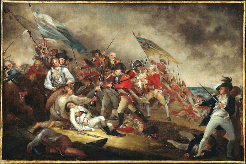 Askerler, Amerikan Bağımsızlık Savaşı’nın ilk evresinde, 17 Haziran 1775’te gerçekleşen Bunker Tepesi Muharebesi’nde çarpışıyor. Milisler, Amerikan kuvvetleri arasında yer alıyordu. John Trumbull tarafından yapılan 1775 tarihli bu tablo, muharebede General Warren’ın ölüm anını kaydediyor.