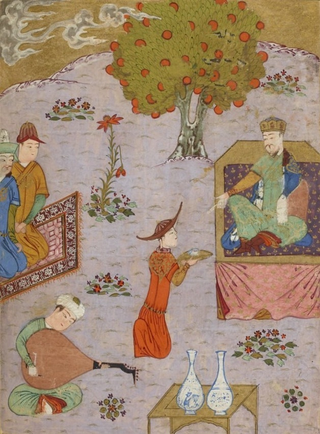 Möngke'nin kuzeni Guyuk Khan ziyafet çekiyor; Ata-Malik Juvayni'nin “Tarih-i Cihanguşhay” adlı eserinden bir illüstrasyon, 1438